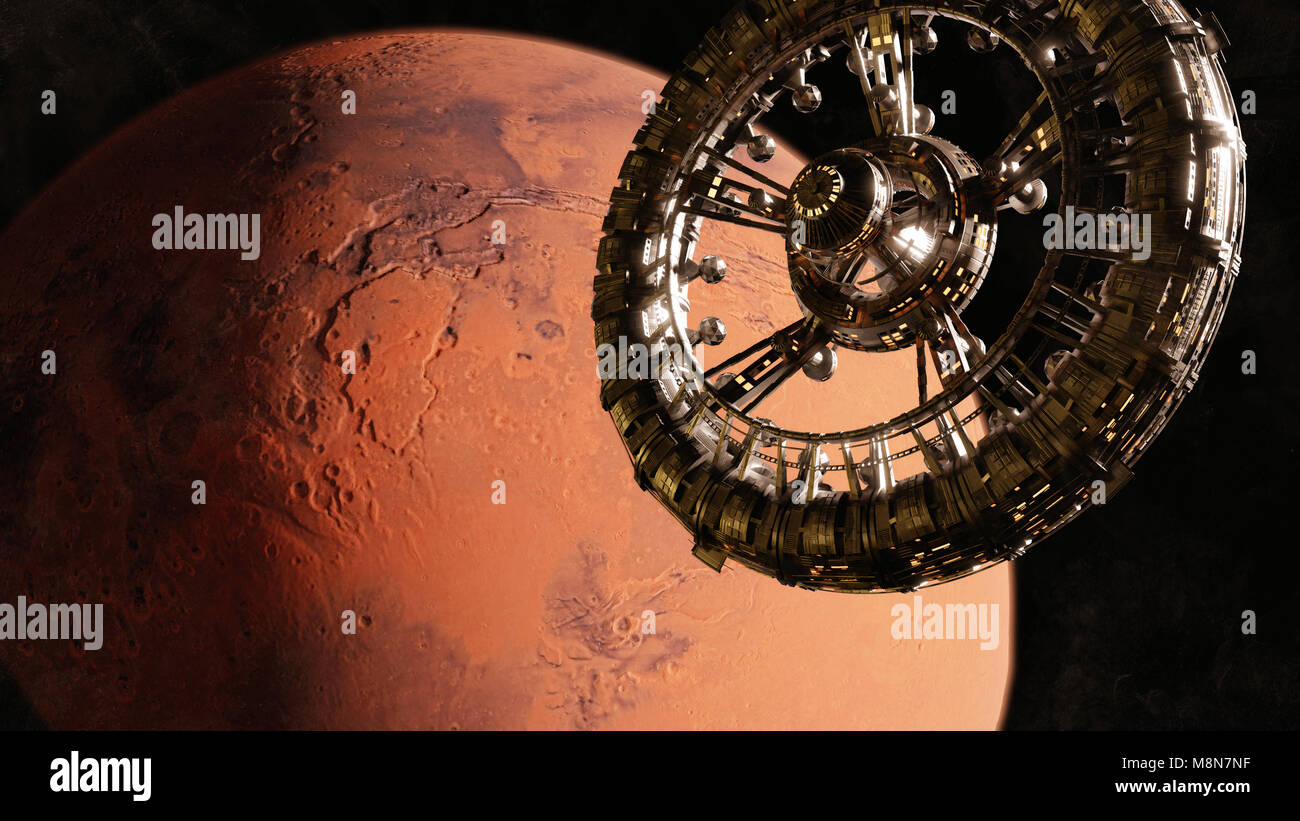 huge space station in orbit of the red planet Mars (3d science fiction illustration, elements of this image are furnished by NASA) Stock Photo