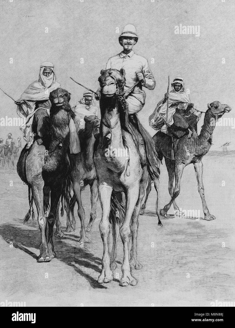 French Explorer Fernand Foureau during the Foureau-Lamy expedition in Chad in 1900, Picture from the French weekly newspaper l'Illustration, 9th September 1900 Stock Photo