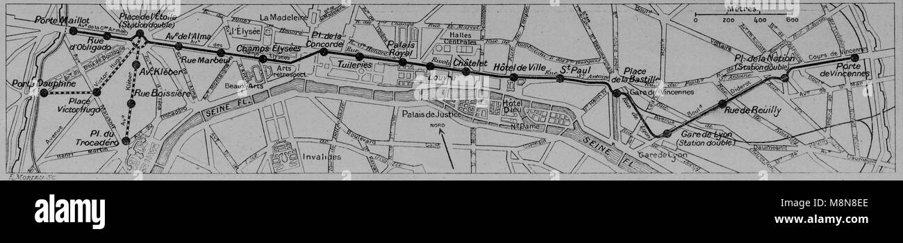 Map of the first subway line in Paris, Picture from the French weekly newspaper l'Illustration, 14th  July 1900 Stock Photo