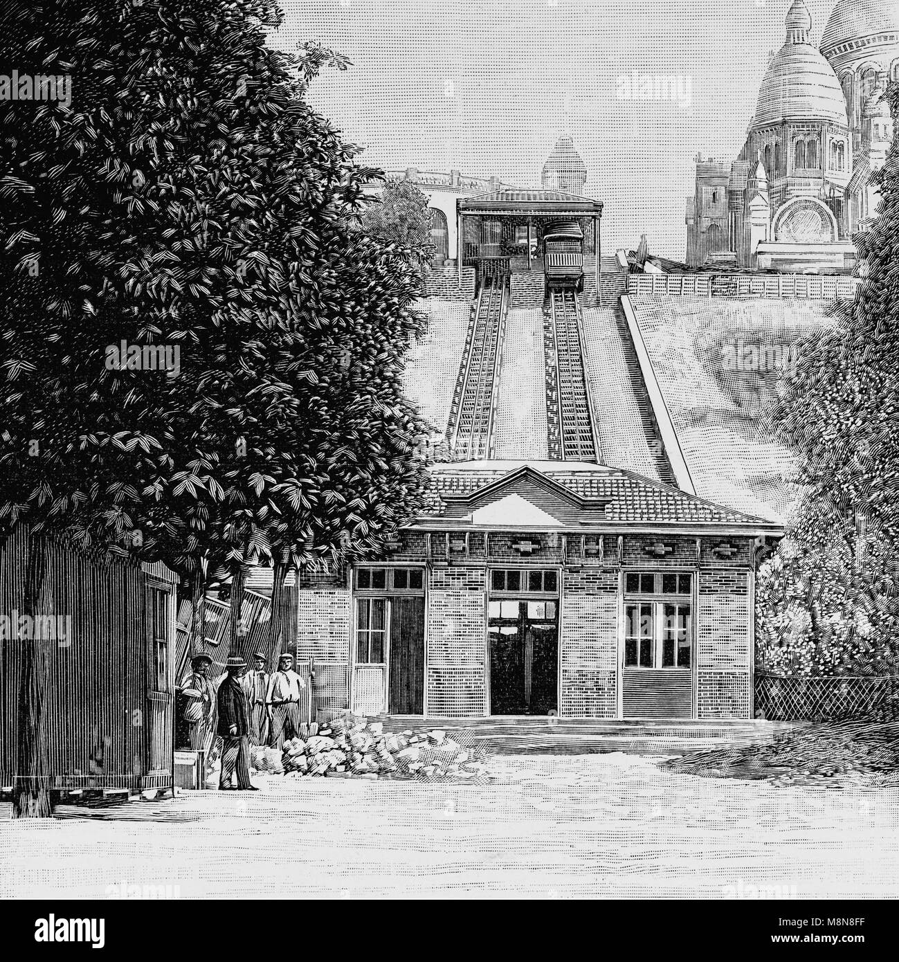 Montmartre funicular, Paris, Picture from the French weekly newspaper l'Illustration, 11th  July 1900 Stock Photo