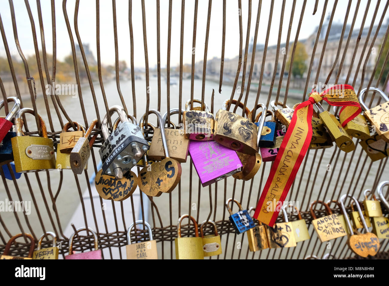 Paris, France November 2017 Love padlocks on the Seine bridge in