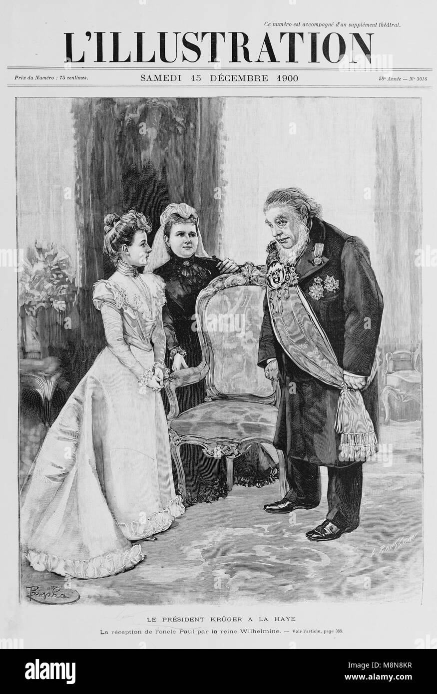 Reception of South African President Kruger by Queen Wilhelmina in La Haye Palace during his visit to Netherlands, Picture from the French weekly newspaper l'Illustration, 15th  December 1900 Stock Photo