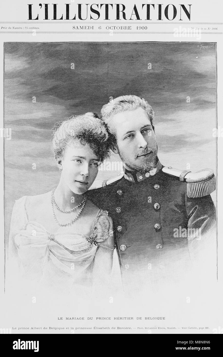 Wedding of the Belgium Heir Prince Albert with Princess Elisabeth of Bavaria, Picture from the French weekly newspaper l'Illustration, 6th October 1900 Stock Photo