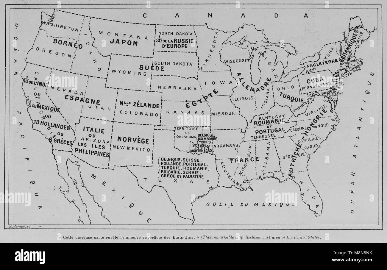 Map of the USA in 1900 comparing the country with other countries of Europe, Africa and Asia, Picture from the French weekly newspaper l'Illustration, 27th October 1900 Stock Photo
