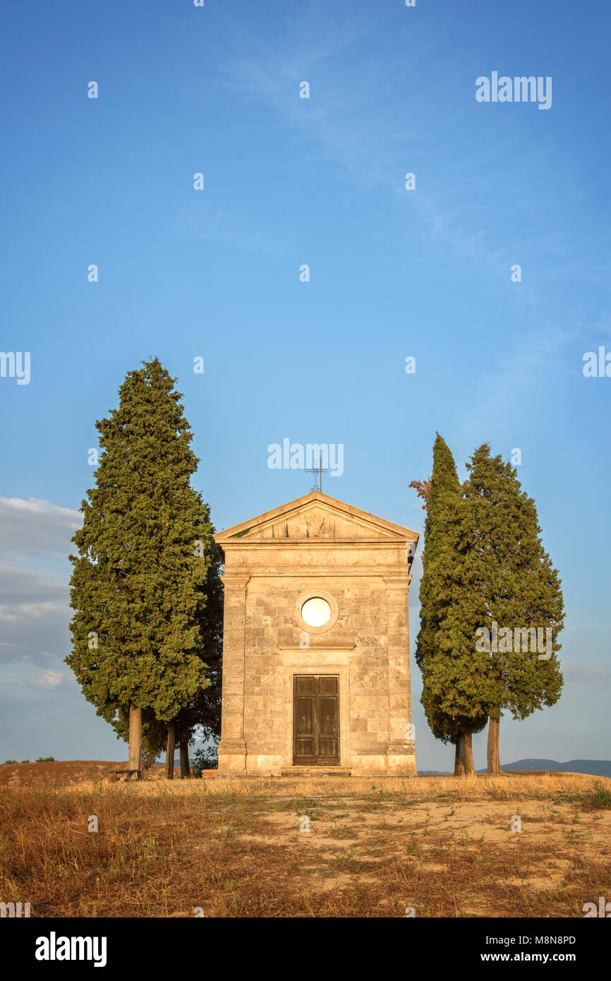 Vitaleta Chapel, Tuscan landscape near San Quirico d'Orcia, Siena, Tuscany, Italy Stock Photo