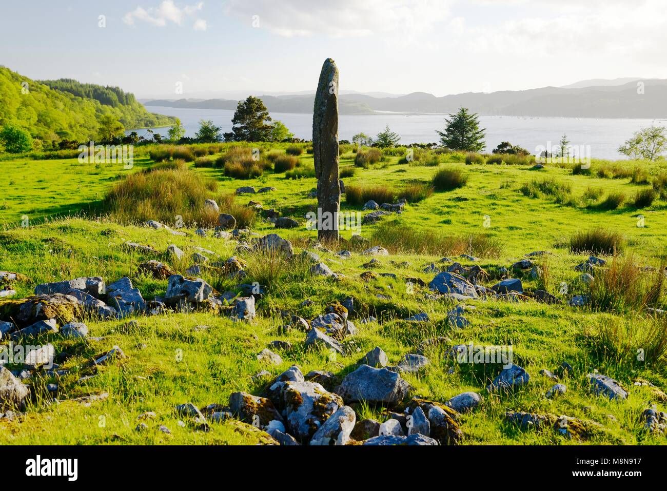 Kintraw prehistoric megalith standing stone at the head of Loch Craignish near Kilmartin, south of Oban, Argyll, Scotland. Solstice alignment to Jura Stock Photo