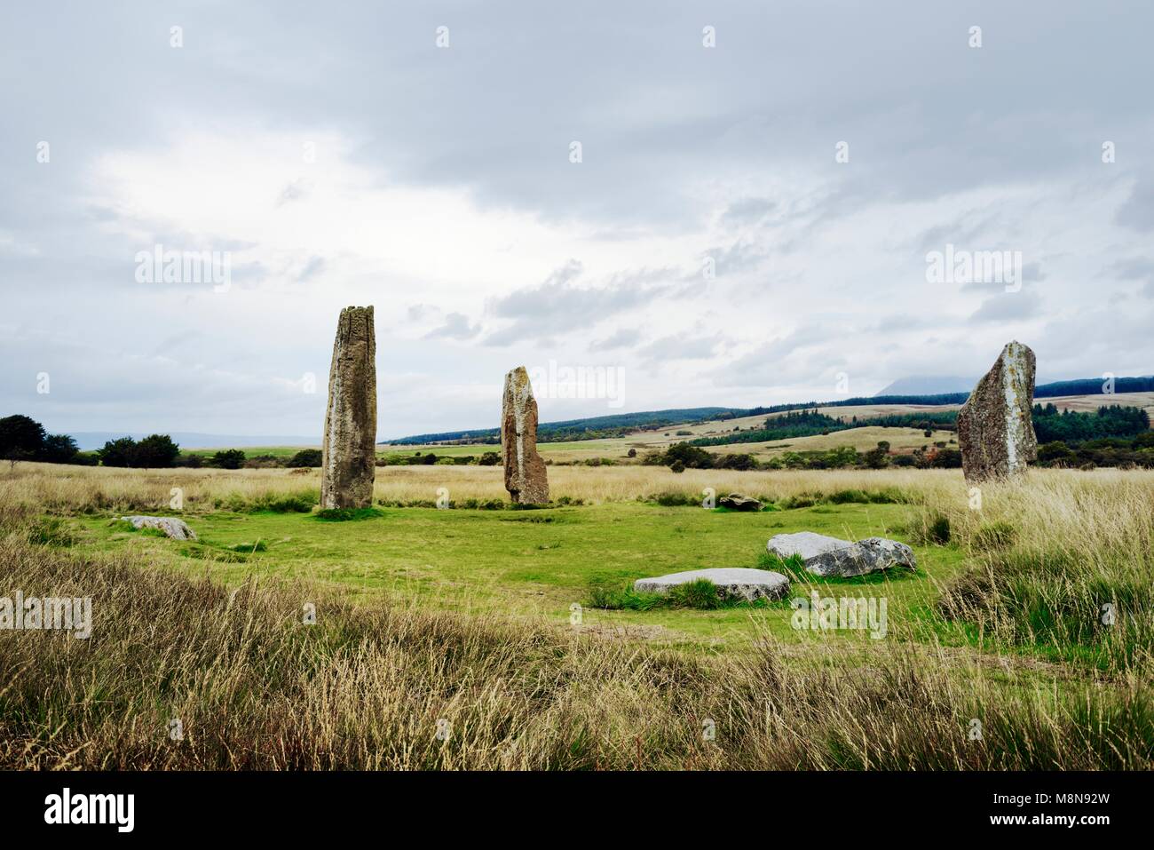 Machrie Moor prehistoric stone circles. Isle of Arran, Scotland. 4000+ year megalithic ritual site. Circle 2 shown. Tallest 4.9m Stock Photo