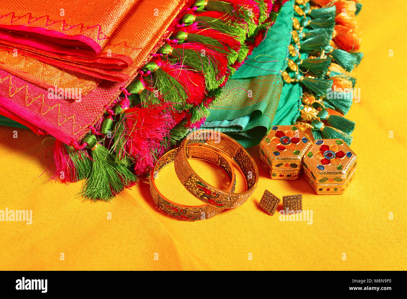 Indian women sarees with jewelry accessories, Maharashtra, India Stock Photo