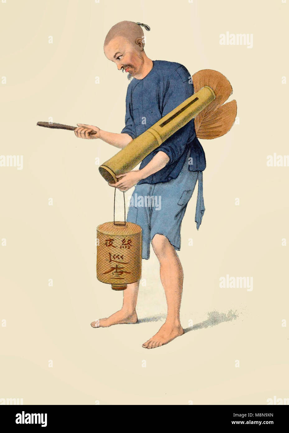 A Watchman in China, circa 1800 - The watchman will strike upon a piece of bamboo in their left hand to denote the time and mark their own vigilance Stock Photo