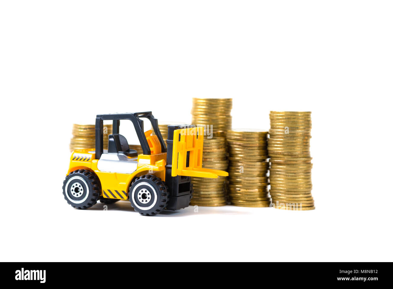 Loading Coin Mini forklift truck loading stack coin with steps of gold coin ...