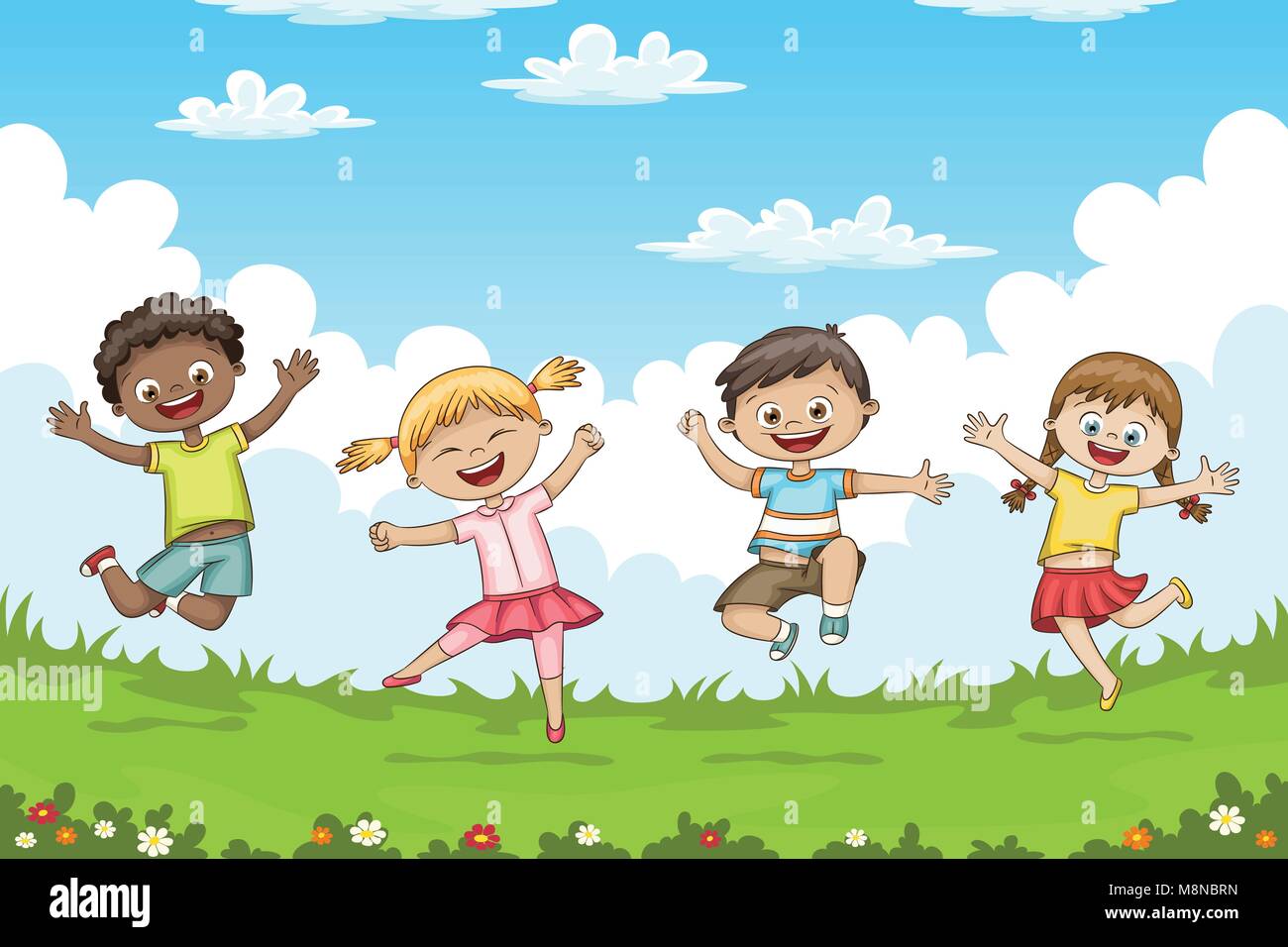 Children jumping on a meadow. Stock Vector