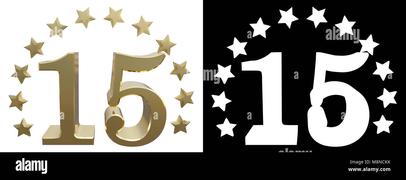 Gold number fifteen, decorated with a circle of stars. 3D illustration Stock Photo