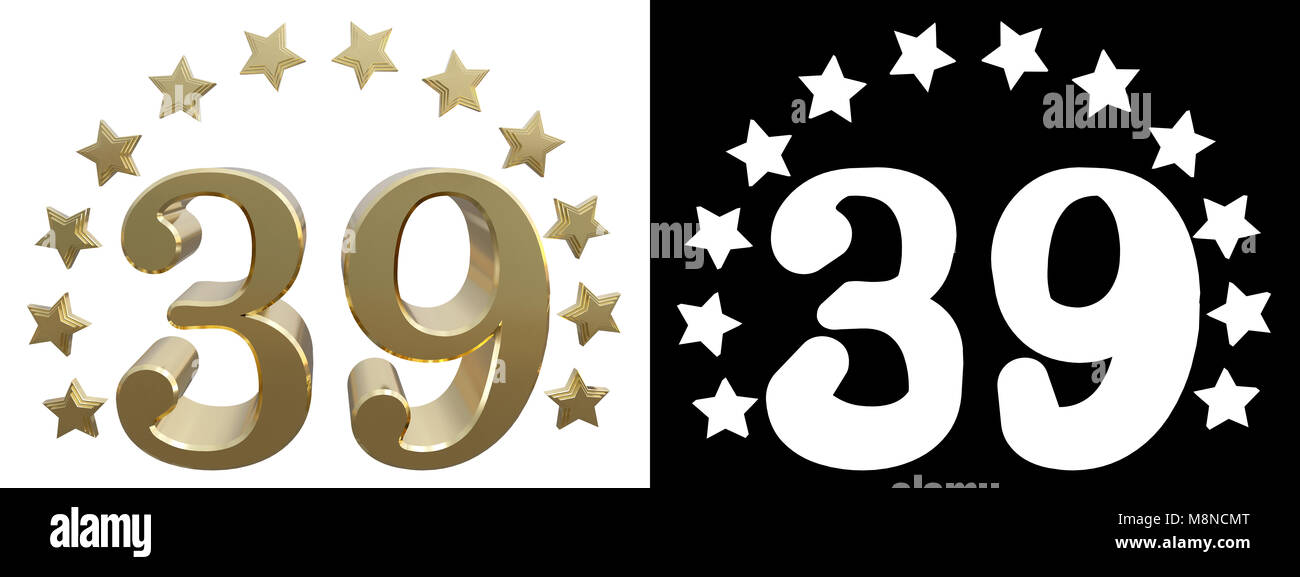 Gold number thirty nine, decorated with a circle of stars. 3D illustration Stock Photo