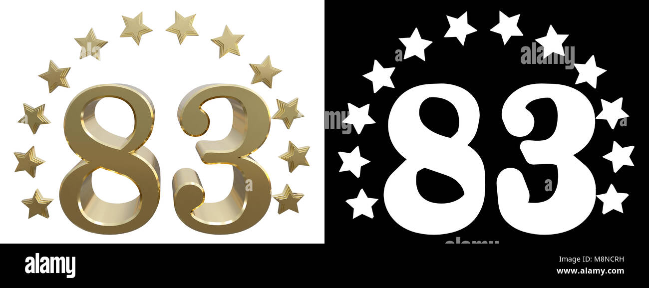 Gold number eighty three, decorated with a circle of stars. 3D illustration Stock Photo