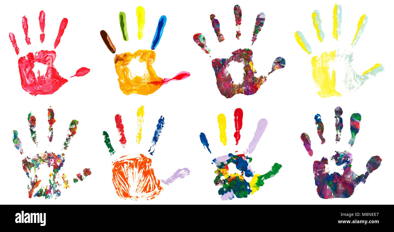 All hands the colours high. Распечаток руки девушка и пацан на картон с красками. Colorful hand Print. Art Color toon палец.