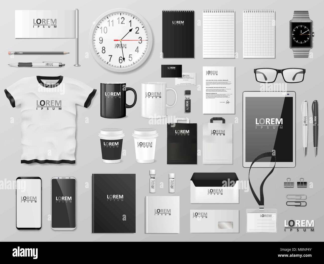 Corporate Branding identity template design. Modern Stationery mockup black and white color. Business style stationery and documentation. Vector illustration Stock Vector