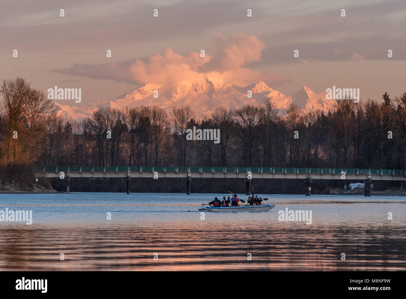 Paddling a racing canoe at sunset, lower Frasier River, Fort Langley