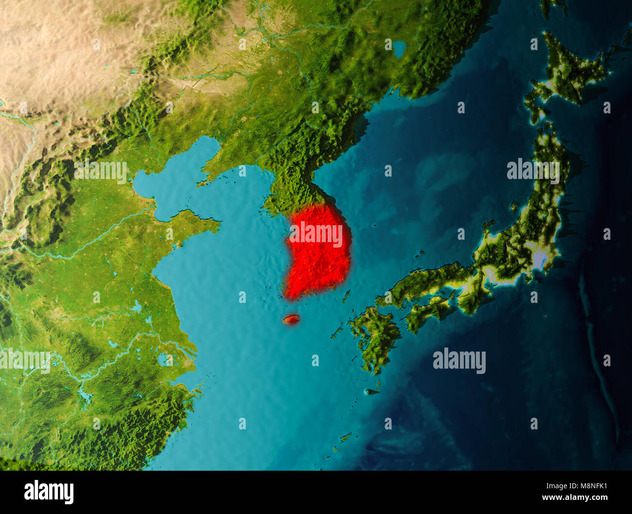 South Korea in early morning light highlighted in red on planet Earth ...