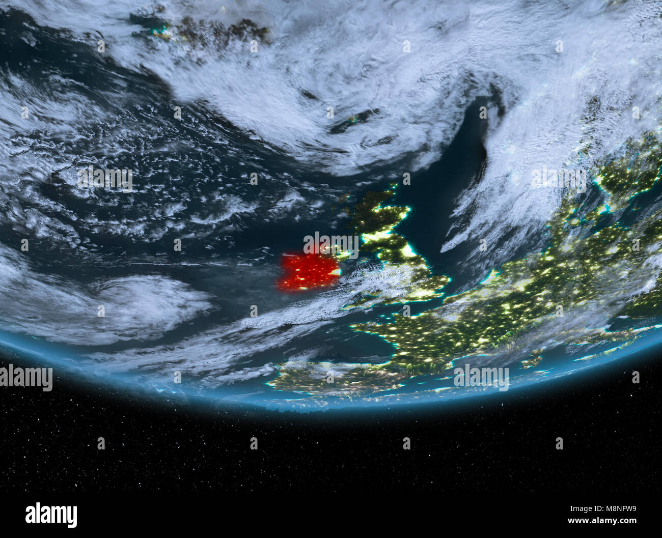 Ireland at night highlighted in red on planet Earth with clouds. 3D ...