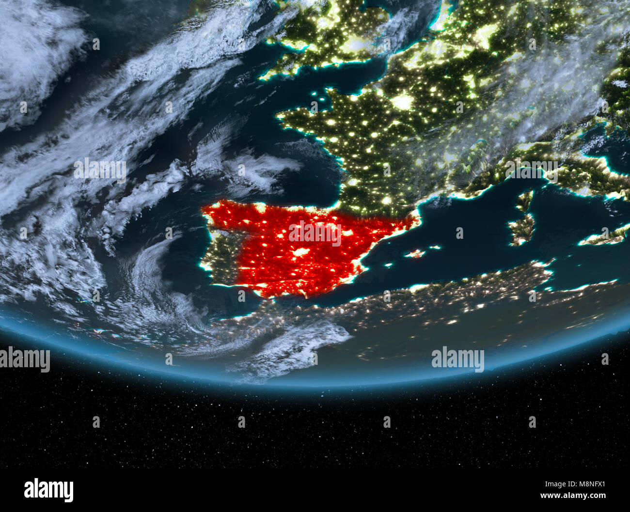 Spain at night highlighted in red on planet Earth with clouds. 3D ...