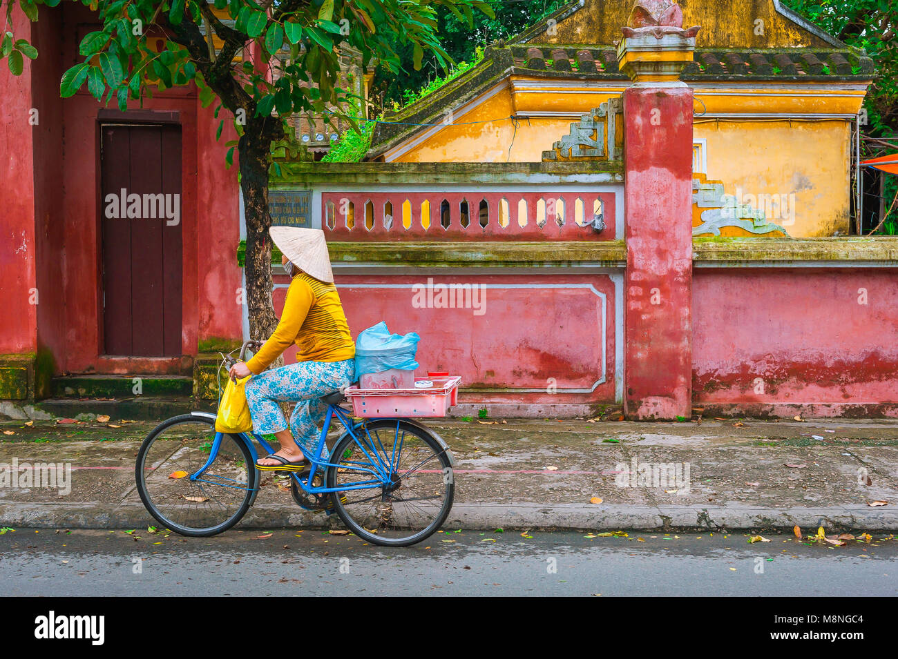 Woman bicycle Hoi An, a woman wearing a conical hat cycles past colourful walls in the Old Town quarter of Hoi An, Central Vietnam. Stock Photo