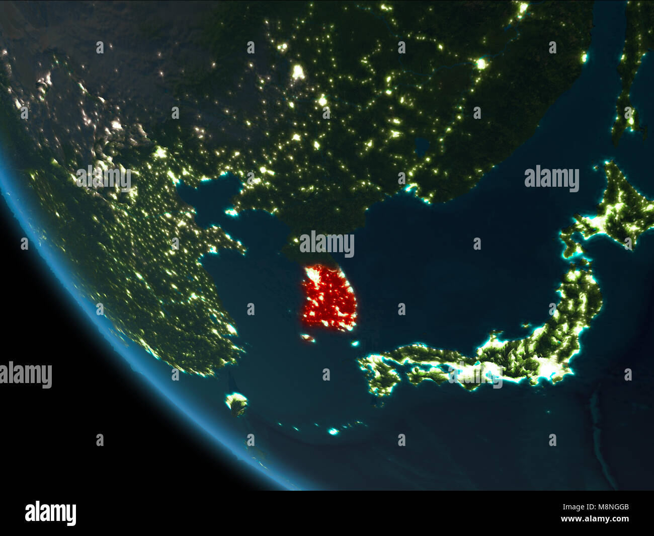 South Korea from orbit of planet Earth at night with highly detailed ...