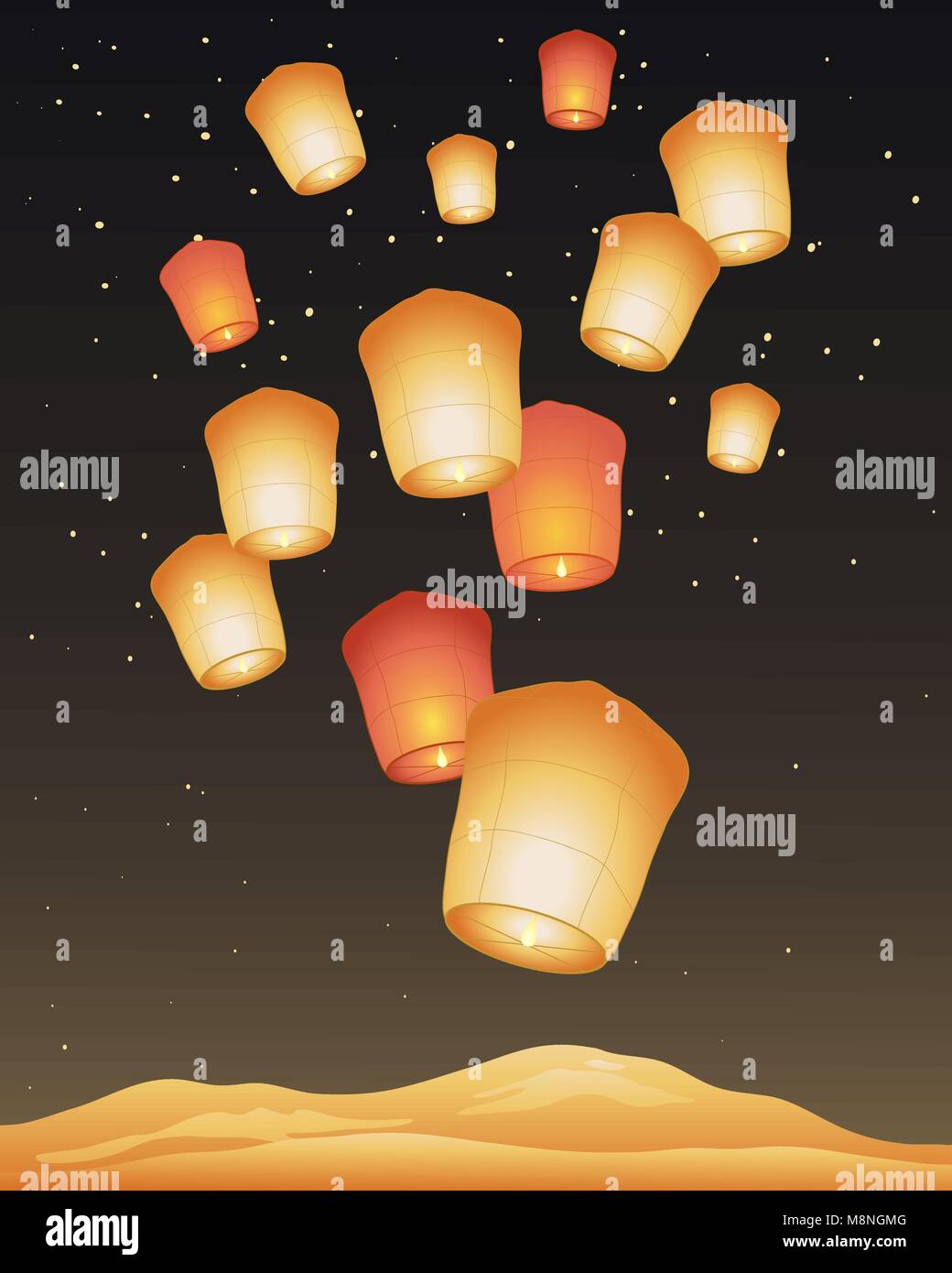 a vector illustration in eps 10 format of traditional golden paper sky lanterns on a festival day with a dark starry sky and shimmering mountains Stock Vector