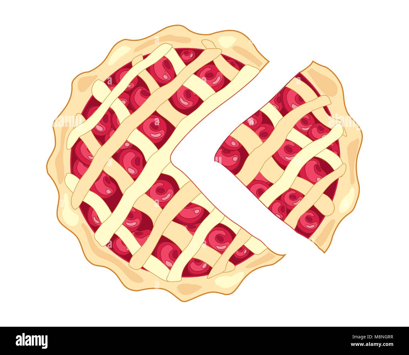 a vector illustration in eps format of a slice of cherry pie with a golden crust and lattice design with plump ripe red cherries on a white background Stock Vector