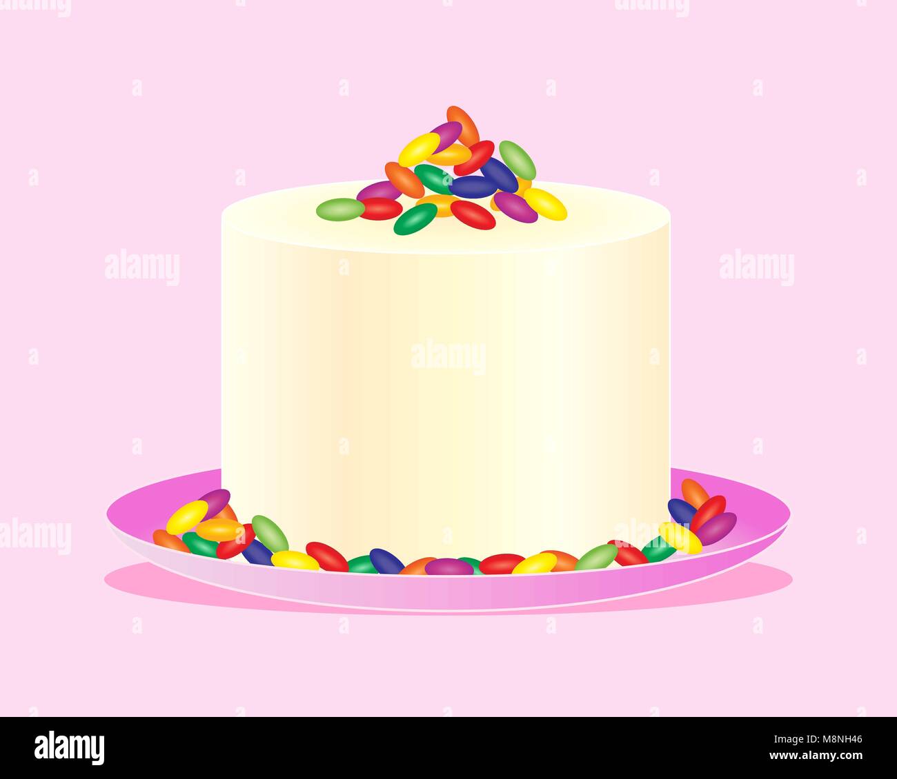 a vector illustration in eps 10 format of a fancy celebration cake with cream frosting decorated with colorful jelly beans on a light pink background Stock Vector