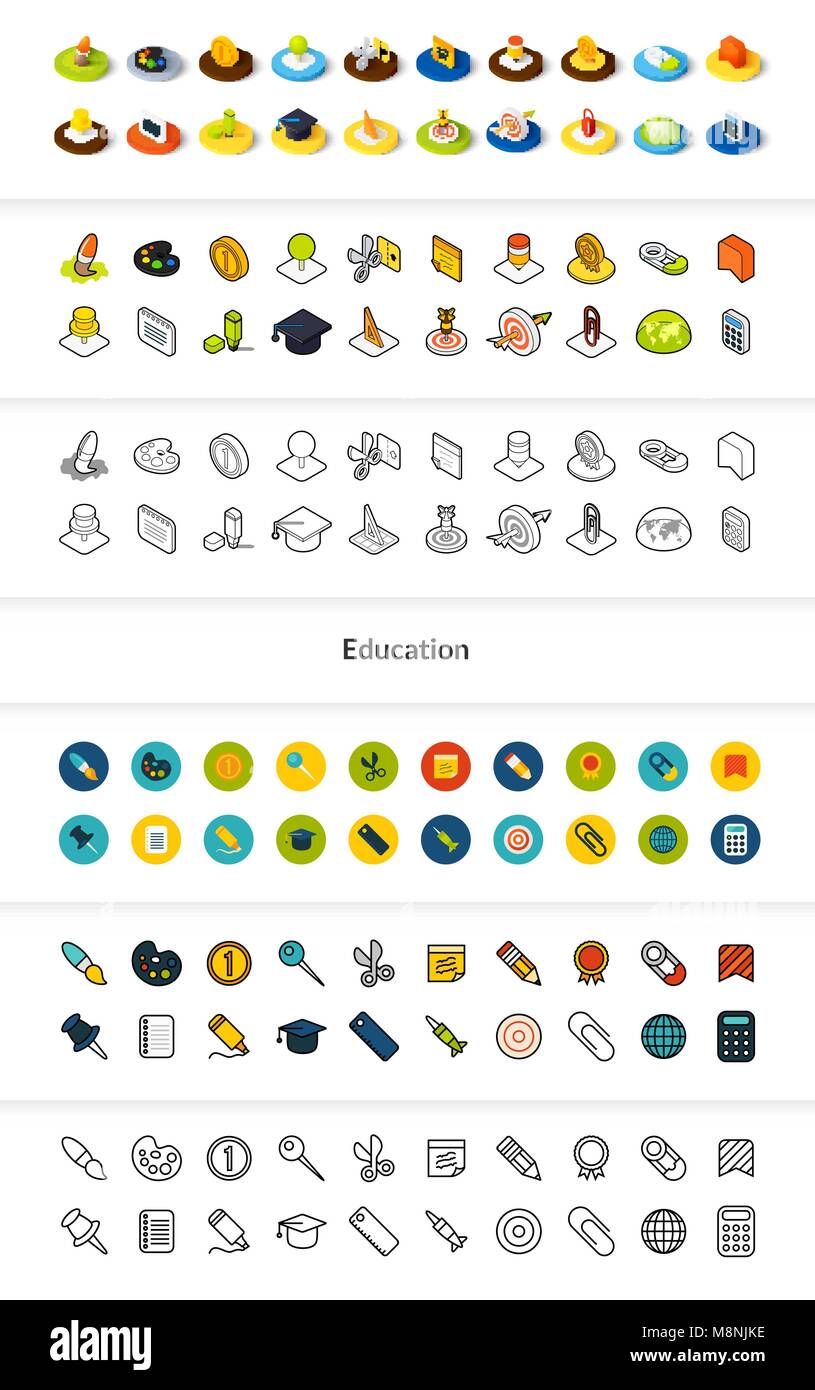 Set of icons in different style - isometric flat and otline, colored ...