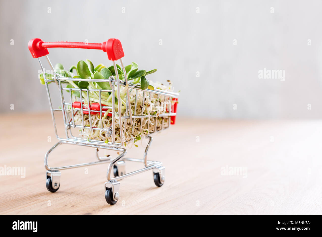 Micro greens in shopping cart on wooden background. Different types of microgreens for sale. Healthy eating concept of fresh garden produce organically grown, symbol of health. Vitamins from nature. Stock Photo