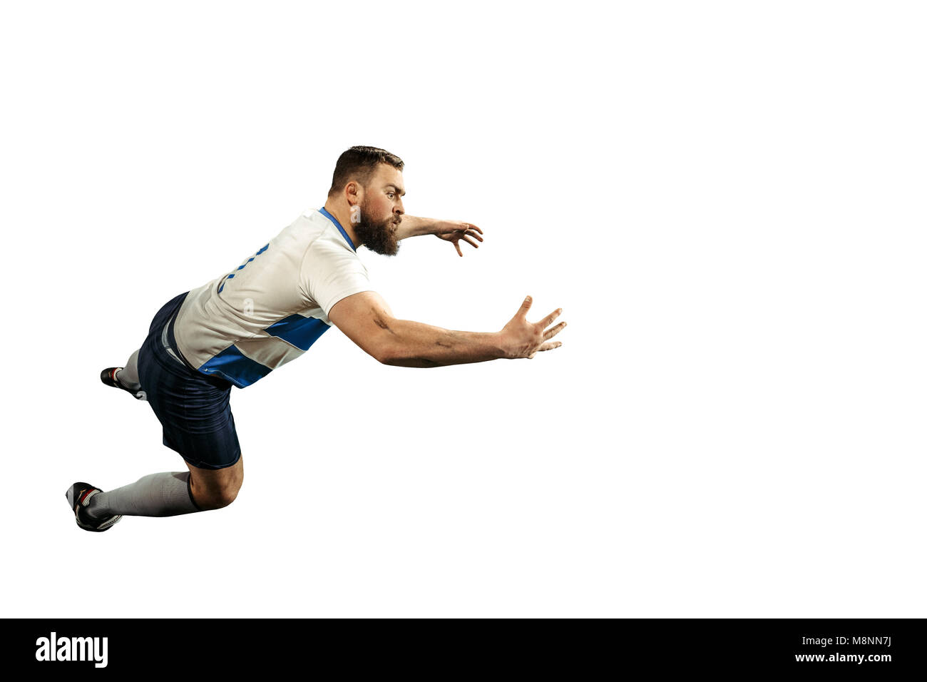 The silhouette of one caucasian rugby man player isolated on white background Stock Photo