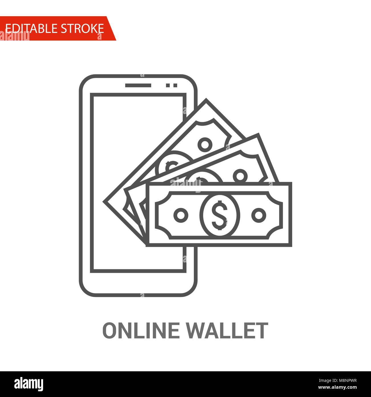 Online Wallet Icon. Thin Line Vector Illustration - Adjust stroke weight - Expand to any Size - Easy Change Colour - Editable Stroke - Pixel Perfect Stock Vector