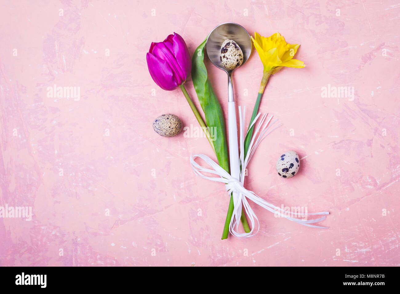 Spring Easter Table setting with flowers and Eggs Stock Photo - Alamy
