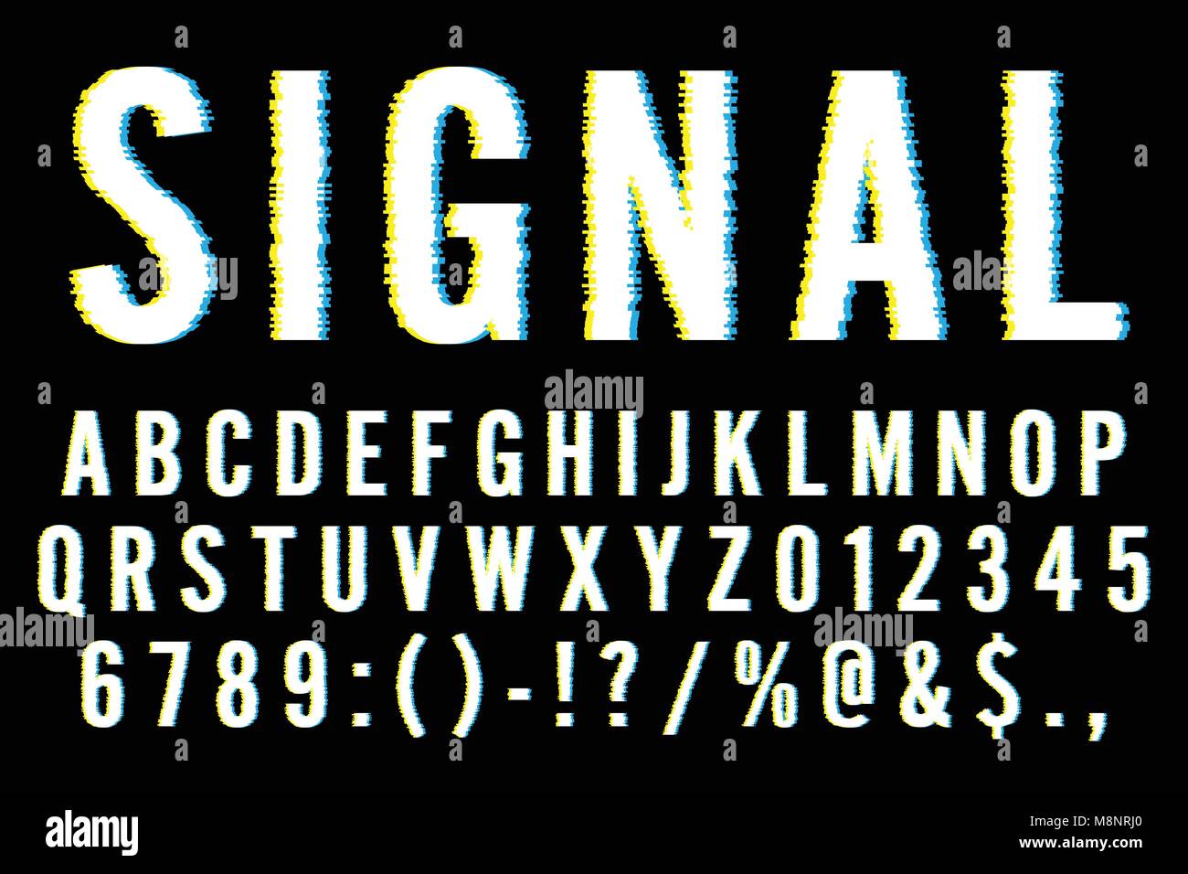 Trendy Distorted Glitch Font Typeface Letters, Numbers and Symbols Vector Illustration Stock Vector