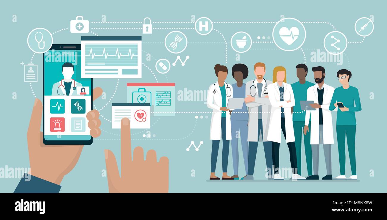 User video calling a doctor using and healthcare app on his smartphone and professional medical team connected: online medical consultation concept Stock Vector