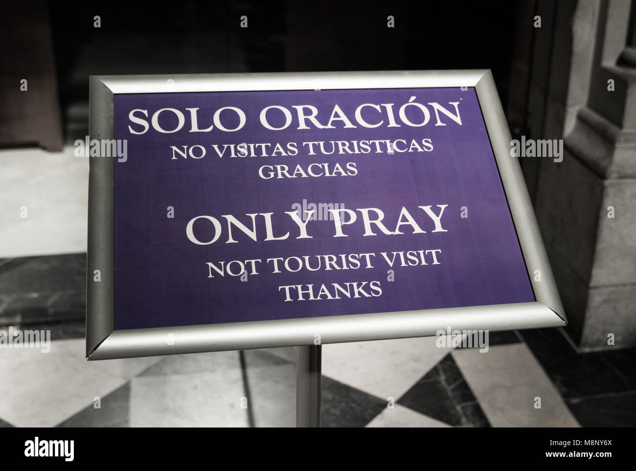 No tourists sign in Madrid cathedral during mass. Madrid, Spain Stock Photo