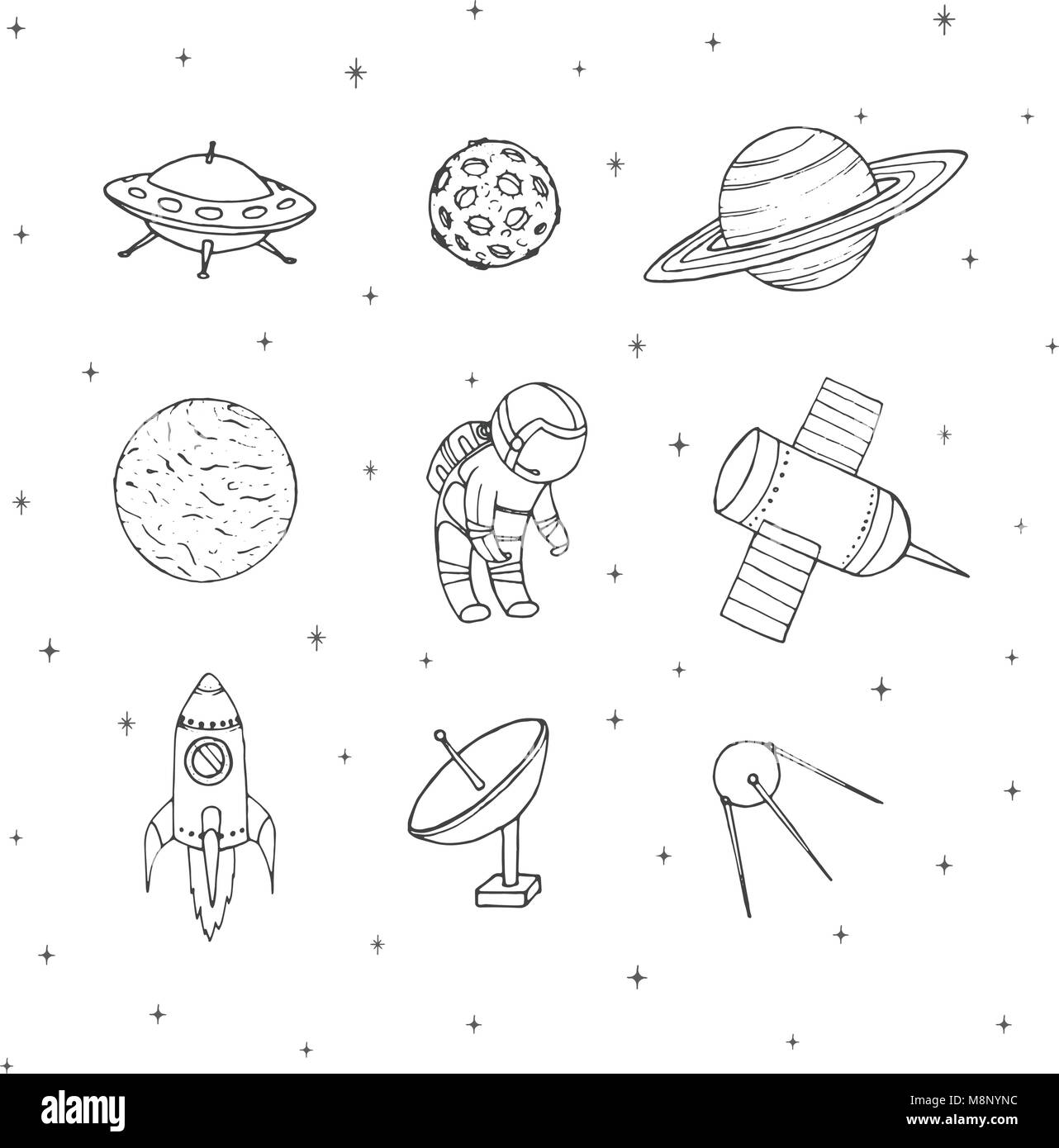 Hand drawn vector space elements outline: cosmonaut, satellites, rocket, planets, moon and UFO. Cosmos  set isolated on the white background. Stock Vector