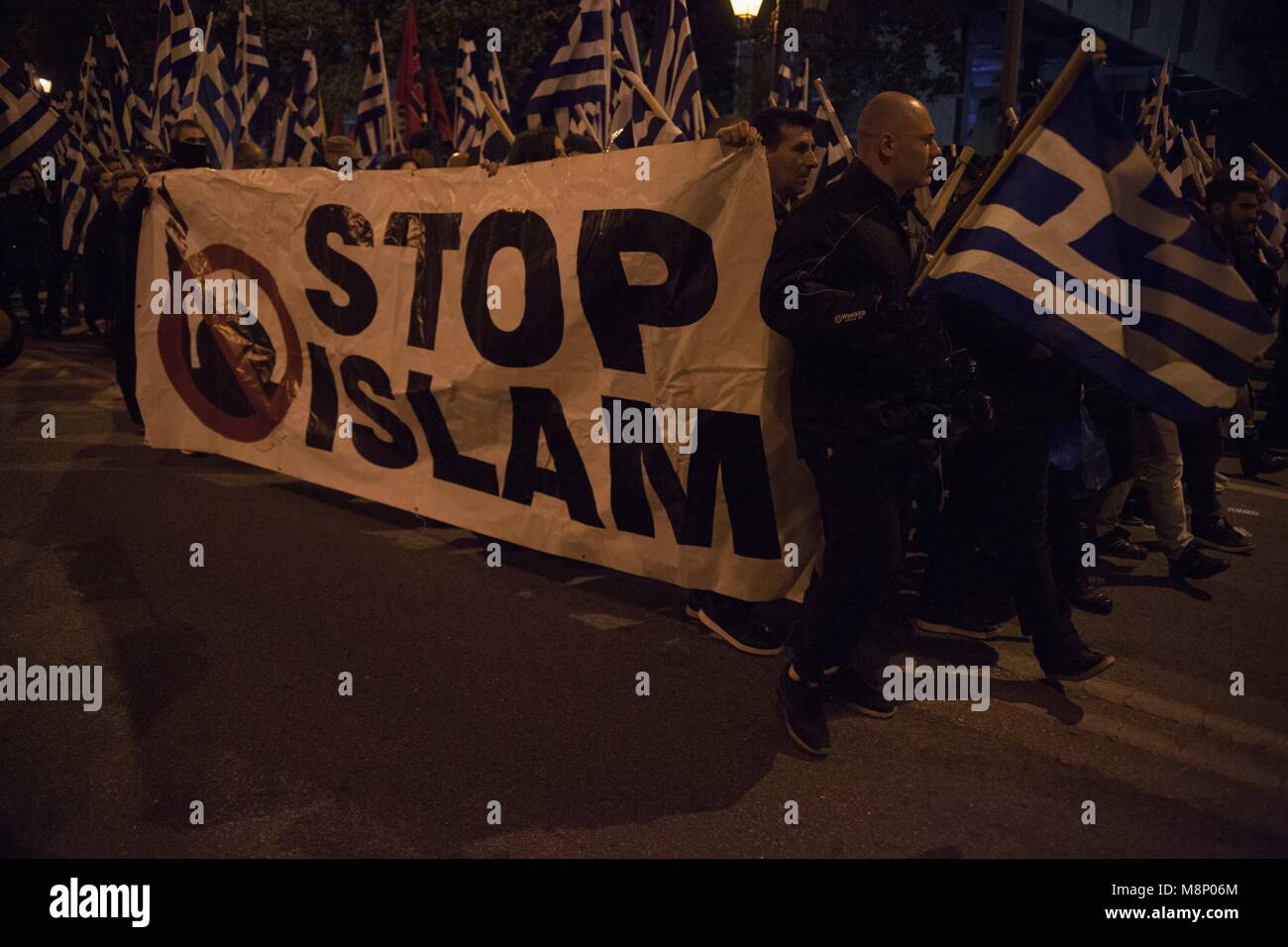 Members of Greek ultranationalist, far-right political party Chrysi Avgi (Golden Dawn) during rally in Athens, banner 'Stop Islam'. 05.03.2018 | usage worldwide Stock Photo