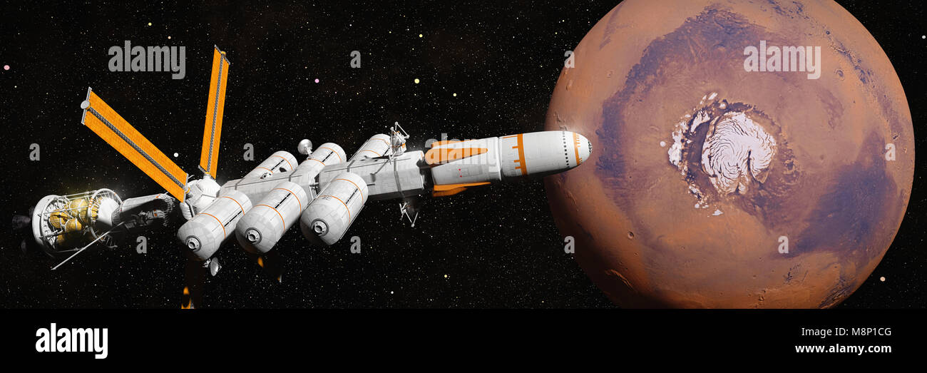 futuristic space ship approaching planet Mars, mission to the red planet (3d science fiction render banner, elements of this image are furnished by NA Stock Photo