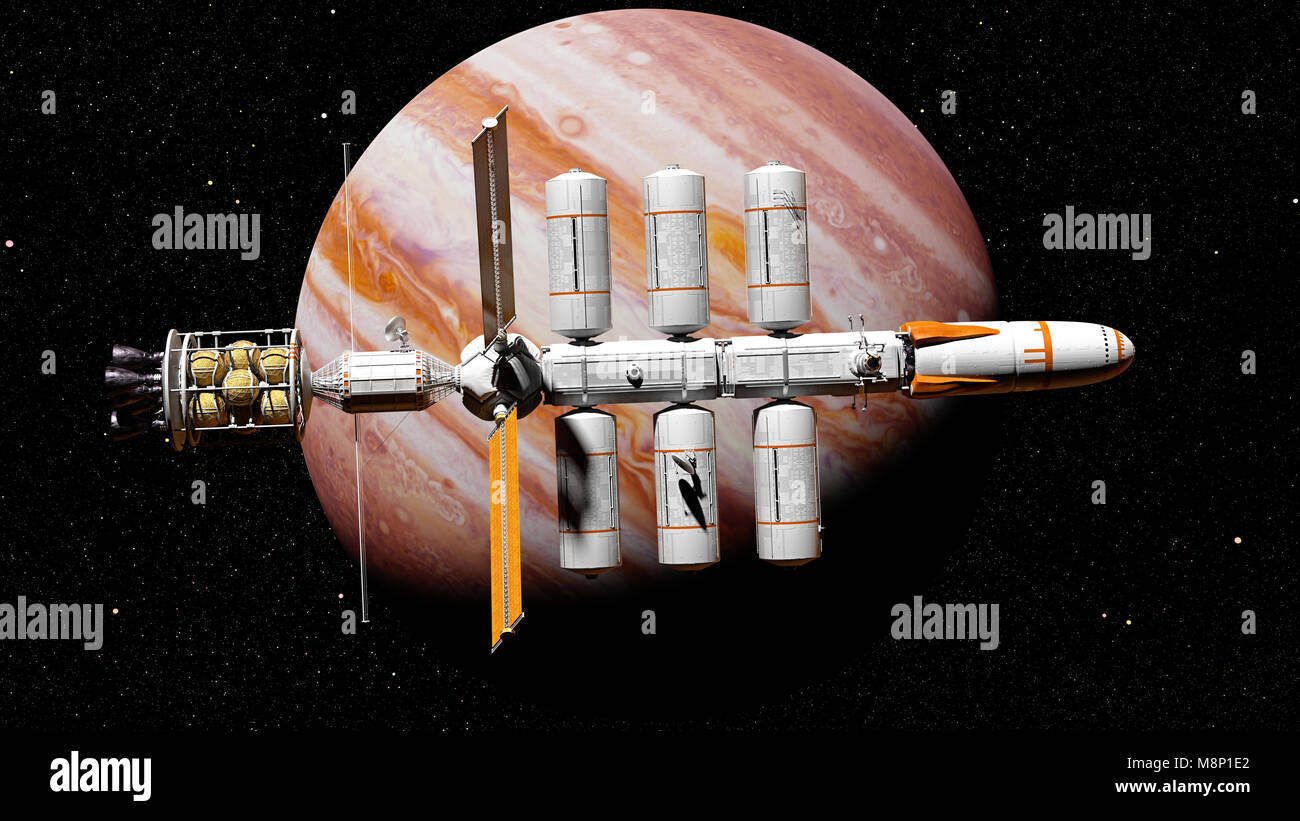 space ship on a mission to planet Jupiter, starship in orbit of a gas giant (3d science fiction illustration, elements of this image are furnished by  Stock Photo