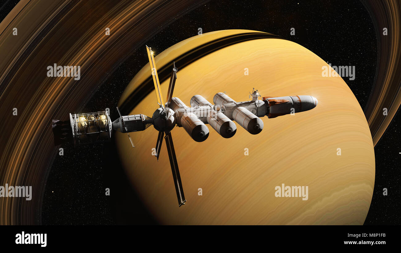 space ship on a mission to the ring planet Saturn, starship in orbit of a gas giant (3d science fiction render, elements of this image are furnished b Stock Photo