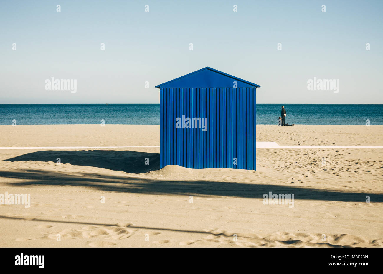 Blue Cabin On Mediterranean Beach Blue Sea Behind Spain Stock