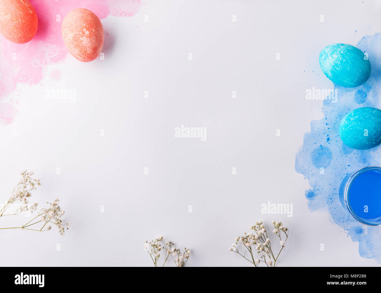 Eggs flat lay on a white background. Easter and spring composition ...