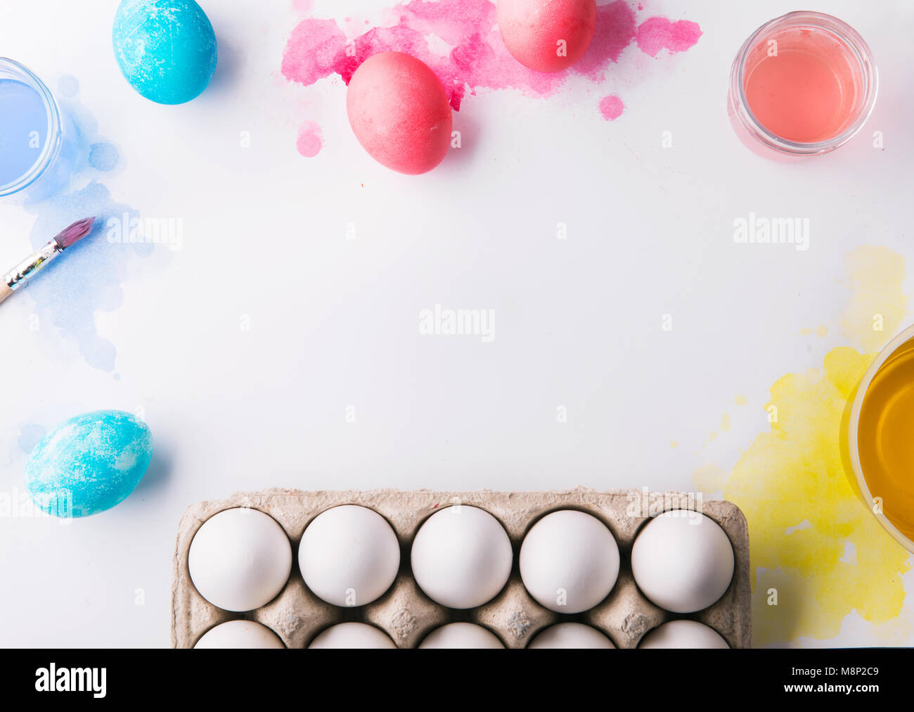 Easter and spring flat lay on a white background. Copy space Stock ...