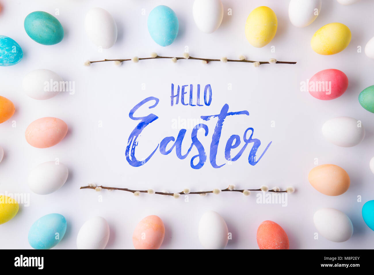 Hello Easter flat lay on a white background. Stock Photo