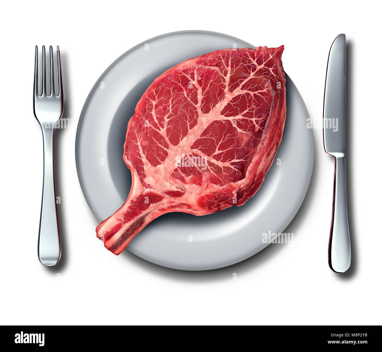 Eating organic food or paleo diet concept as a raw red steak shaped as a leaf on a plate with fork and knife with 3D illustration elements. Stock Photo