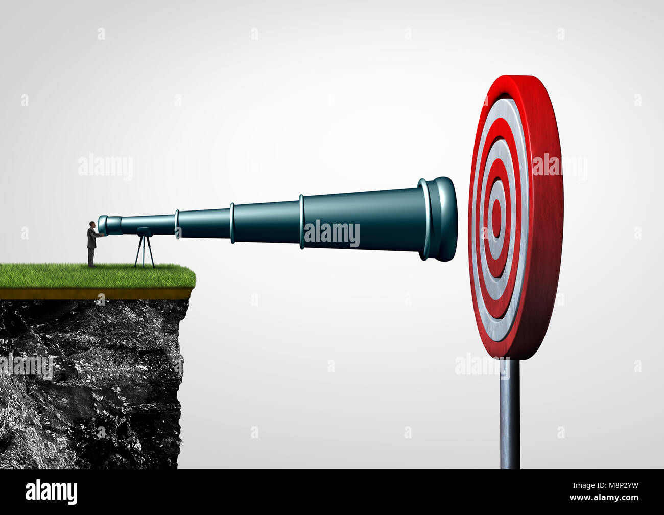 Finding your goal as an aspiration concept with a person with a telescope finding a target as a discovery idea with 3D illustration elements. Stock Photo