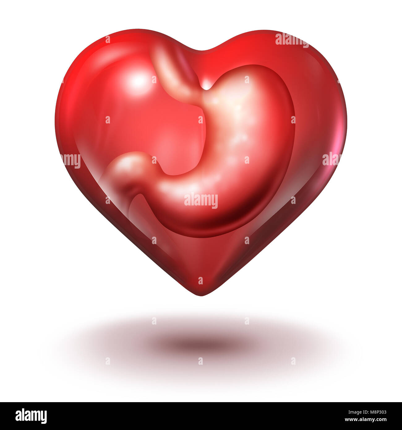 Emotional eating addiction health concept as a human stomach inside a heart shape as a foodie or food lover symbol as a 3D illustration. Stock Photo