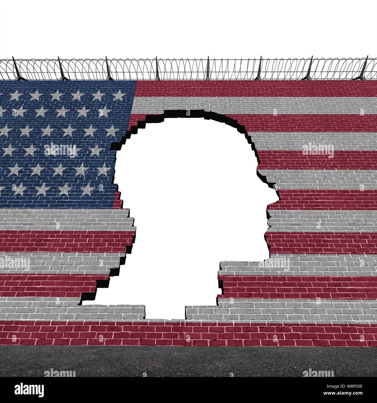 Illegal immigration in the United States as a refugee crisis concept with a hole in a border wall with a US flag as a social issue on refugees. Stock Photo